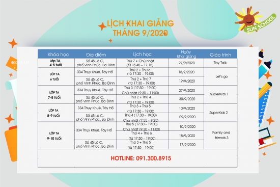 Lịch Khai Giảng Các Lớp Tiếng Anh Tháng 9